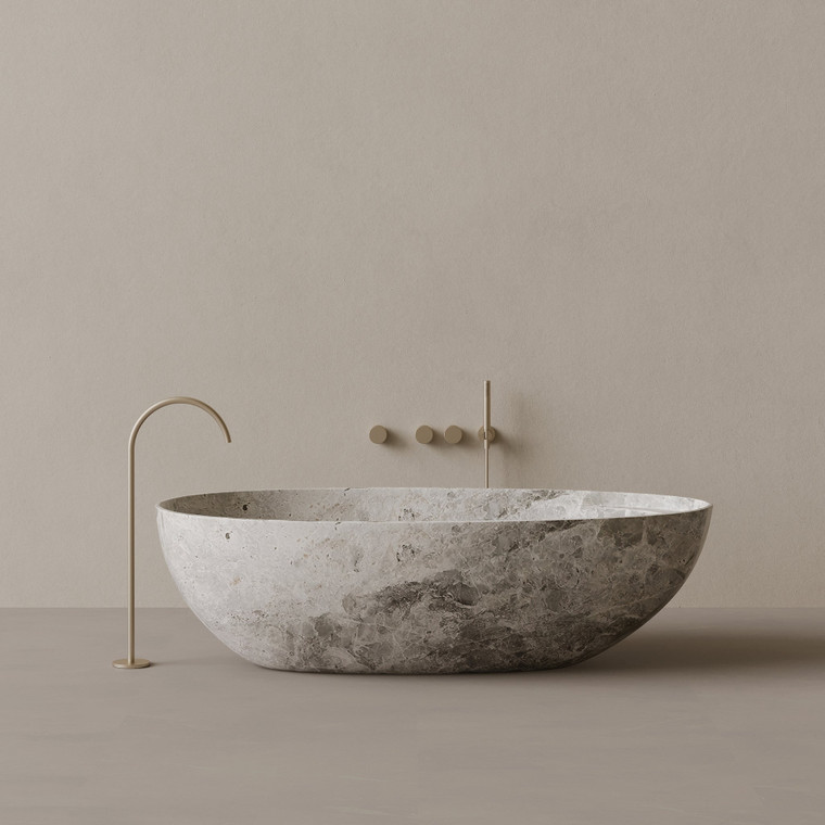 76" x 39" Handcrafted Oval Stone Bathtub with Shelf