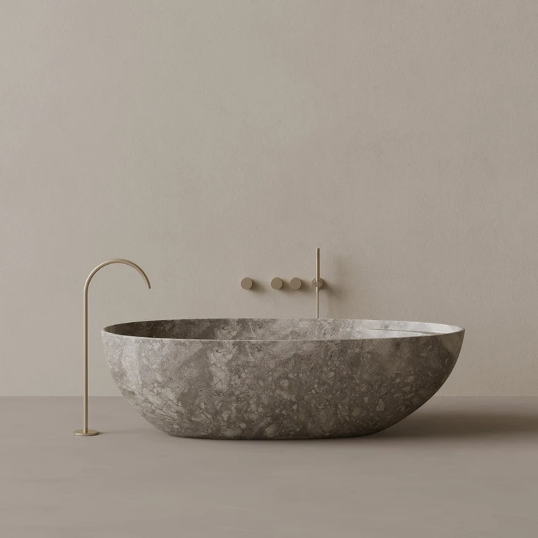 76" x 39" Handcrafted Oval Stone Bathtub with Shelf