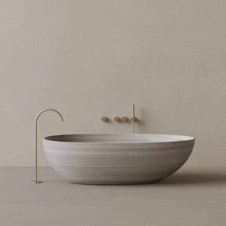 76" x 39" Handcrafted Oval Stone Bathtub with Shelf