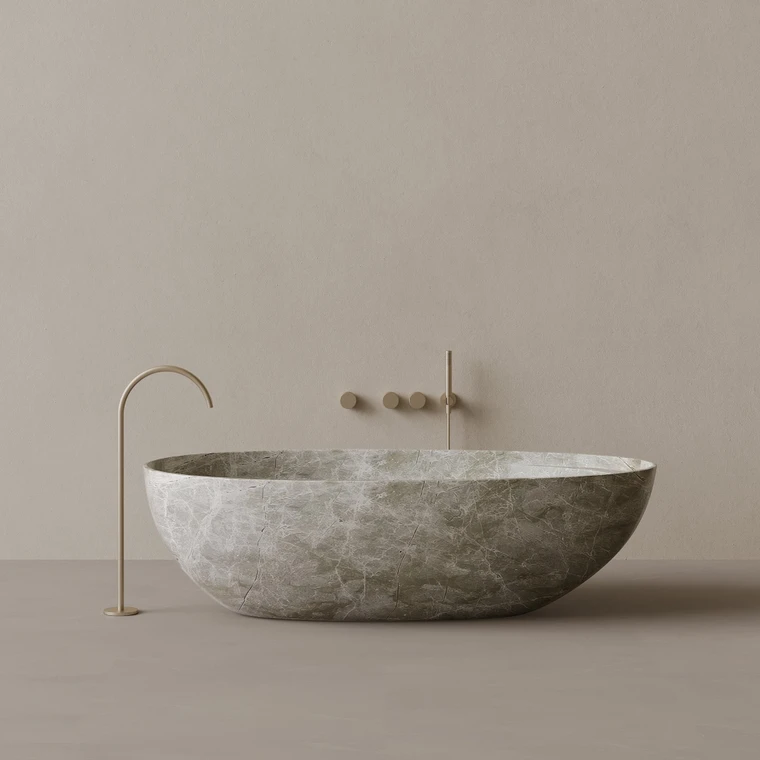 76" x 39" Handcrafted Oval Stone Bathtub with Shelf