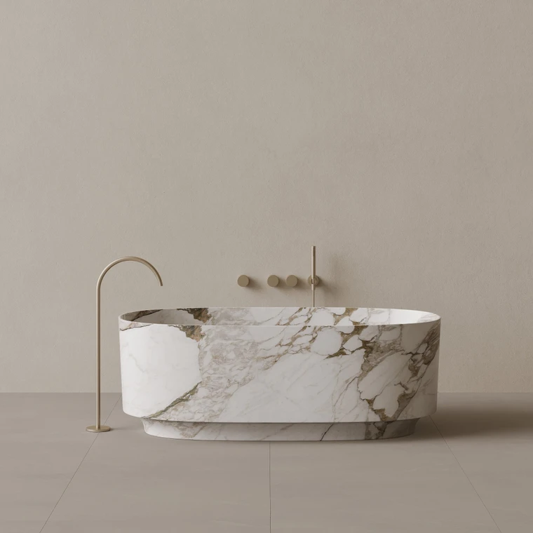 68" x 34" Handcrafted Oval Stone Bathtub with Carved Base