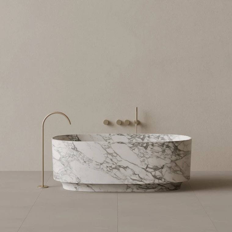 68" x 34" Handcrafted Oval Stone Bathtub with Carved Base