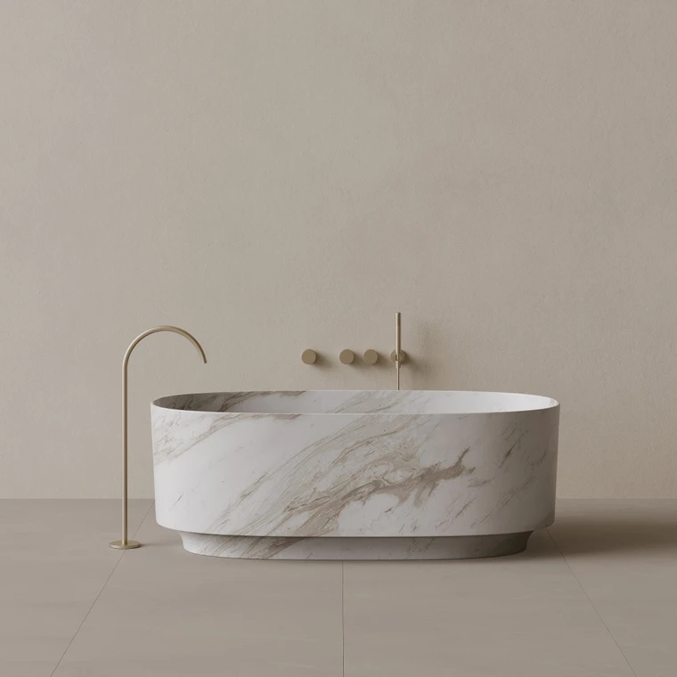 68" x 34" Handcrafted Oval Stone Bathtub with Carved Base