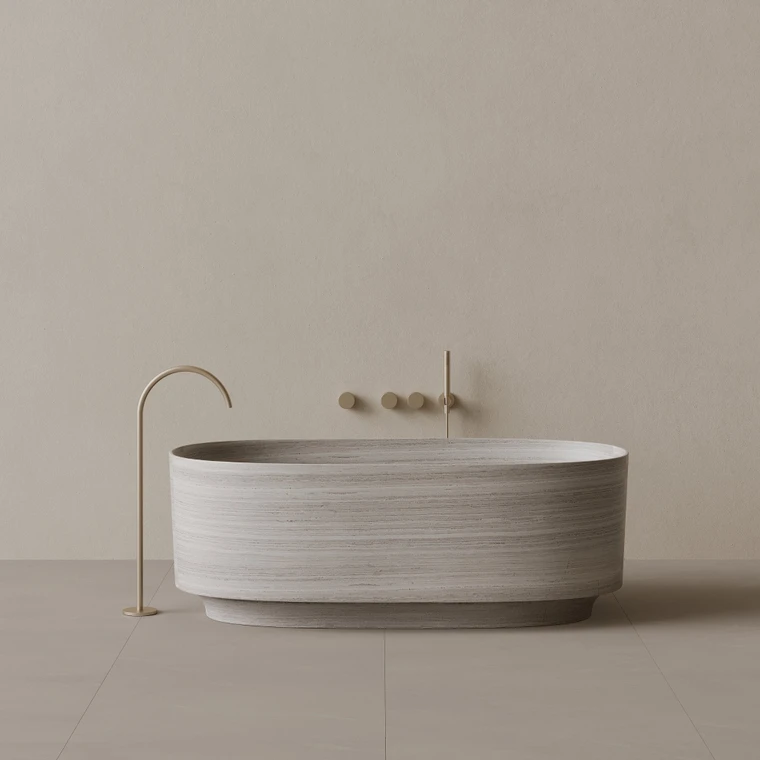 68" x 34" Handcrafted Oval Stone Bathtub with Carved Base