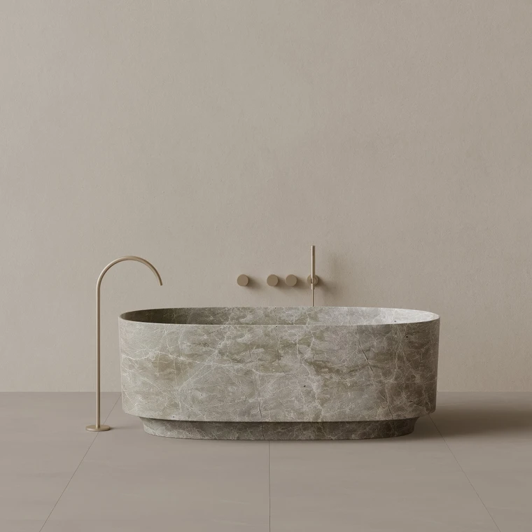 68" x 34" Handcrafted Oval Stone Bathtub with Carved Base
