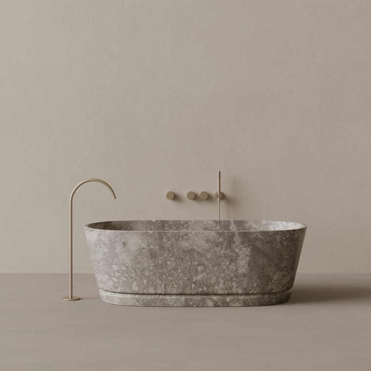 67" x 30" Handcrafted Oval Stone Bathtub with Carved Linear Detail