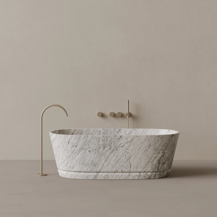 67" x 30" Handcrafted Oval Stone Bathtub with Carved Linear Detail