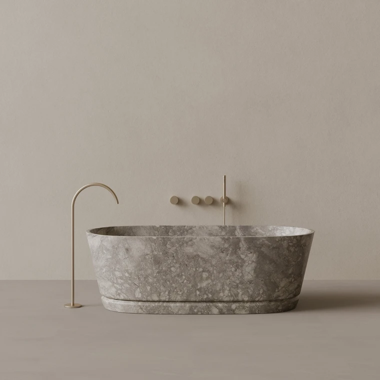 67" x 30" Handcrafted Oval Stone Bathtub with Carved Linear Detail