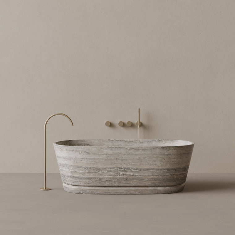67" x 30" Handcrafted Oval Stone Bathtub with Carved Linear Detail