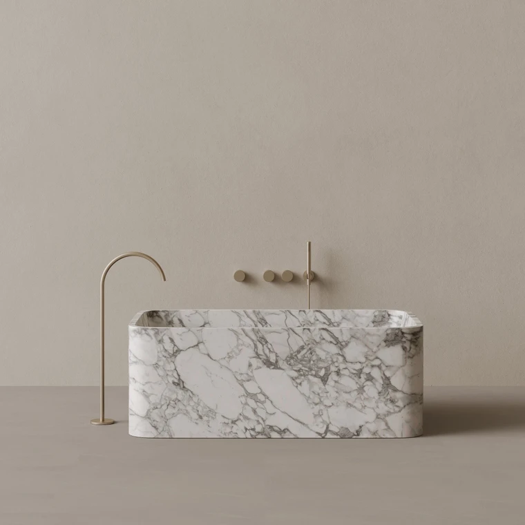 61" x 33" Handcrafted Rectangular Stone Bathtub with Curved Edges