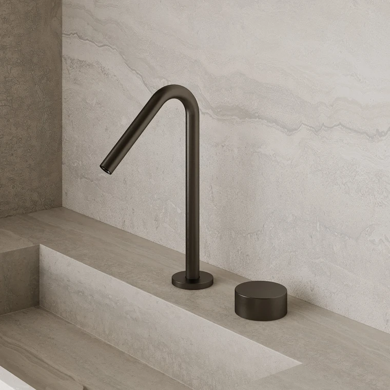 Modern Angled Counter-Mounted Faucet with Circular Knobs