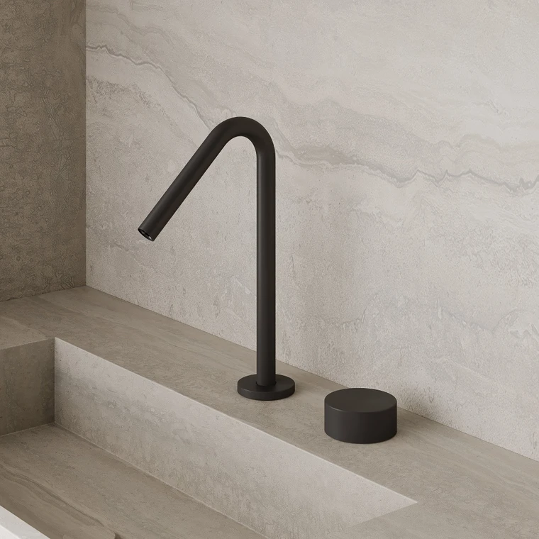 Modern Angled Counter-Mounted Faucet with Circular Knobs
