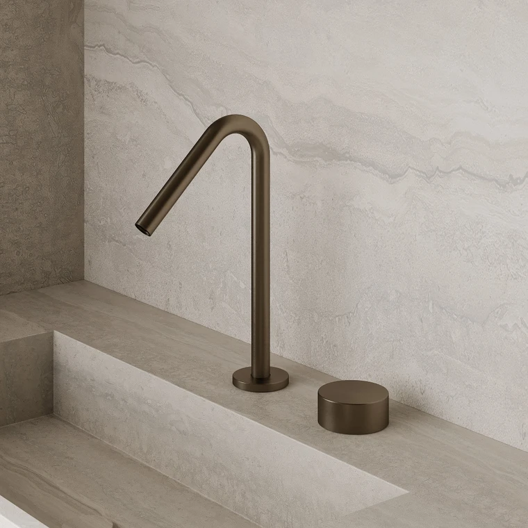 Modern Angled Counter-Mounted Faucet with Circular Knobs