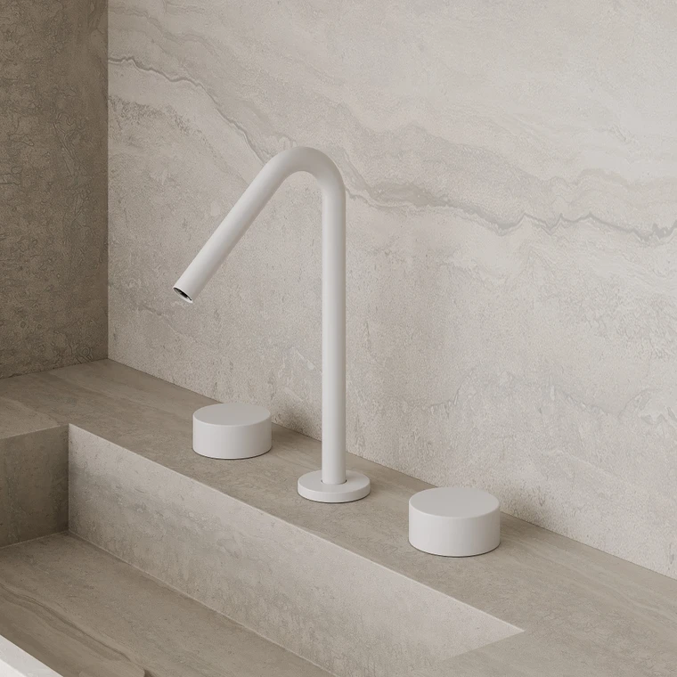 Modern Angled Counter-Mounted Faucet with Circular Knobs