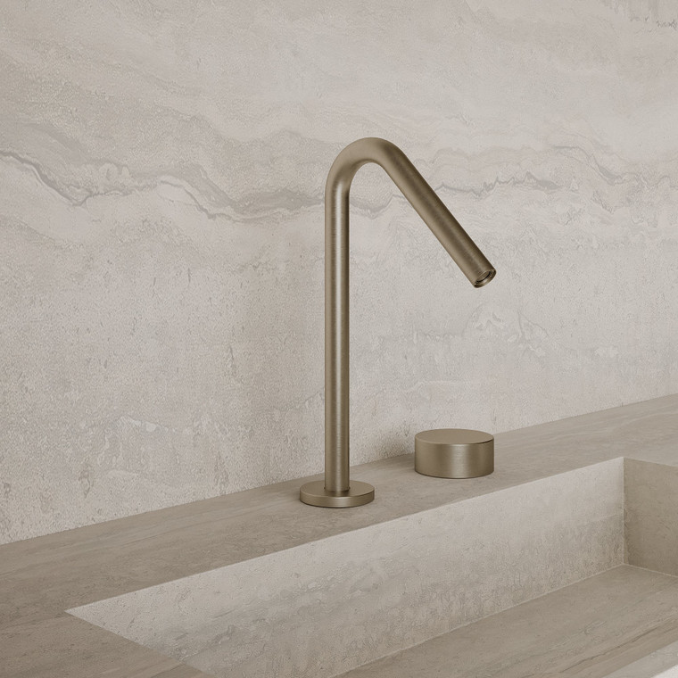 Modern Angled Counter-Mounted Faucet with Circular Knobs
