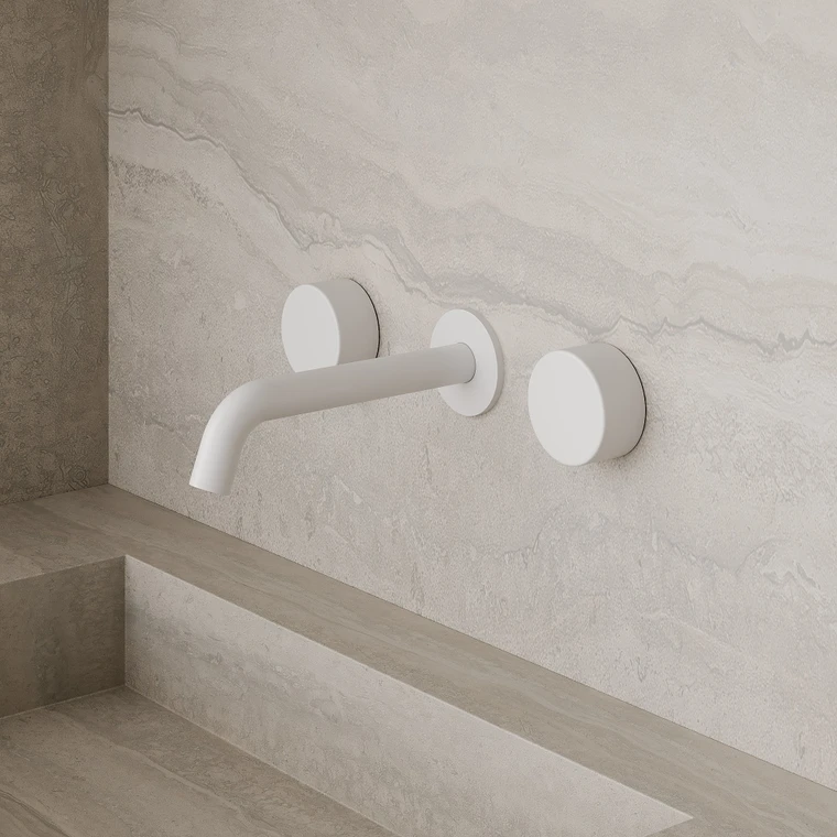 Modern Curved Wall-Mounted Faucet with Circular Knobs