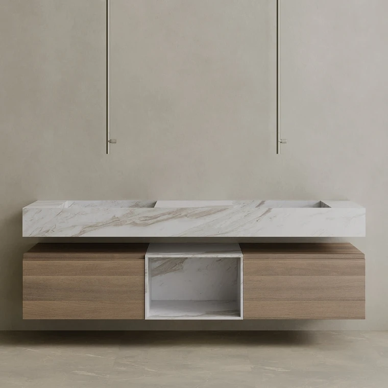Oversized Floating Double Sink Marble Vanity with Wood Drawers