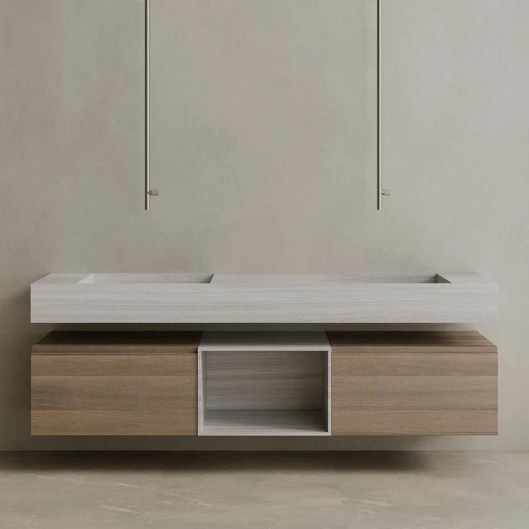 Oversized Floating Double Sink Marble Vanity with Wood Drawers