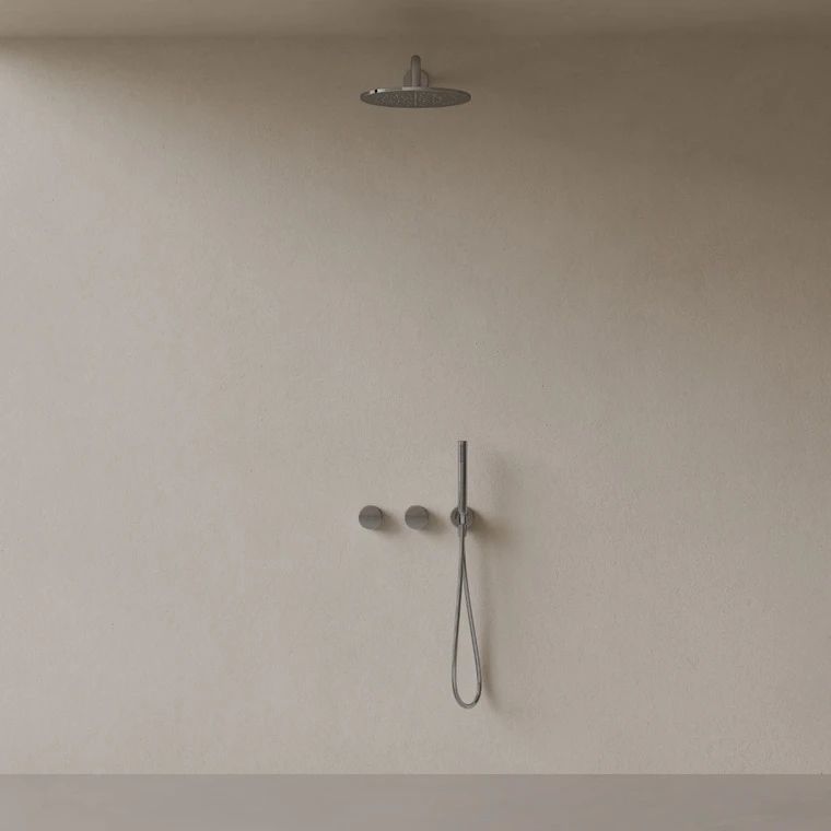 Thermostatic Curved Arm Rainfall Shower System with Dual Knob Control and Handheld