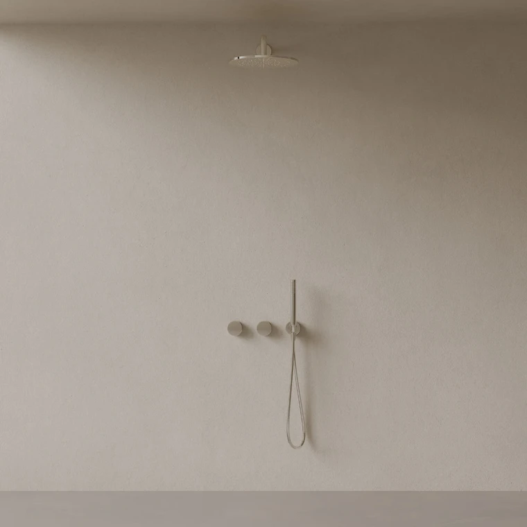 Thermostatic Curved Arm Rainfall Shower System with Dual Knob Control and Handheld