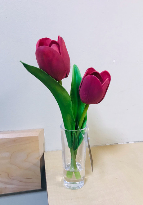 2 Artificial Red Tulips in a Clear Glass VAse