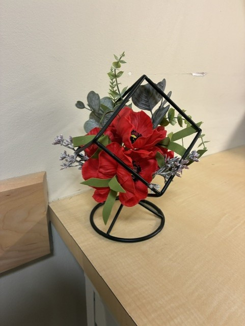Red Poppies & Silver Dollar Eucalyptus Arrangement in Sphere Container (Silk)