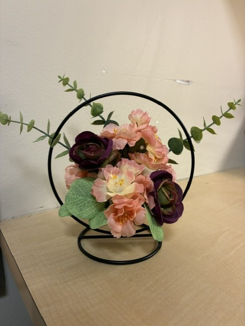 Peach Cherry Blossom with Ranunculus Blooms and Eucalyptus Branches Sphere Container Arrangement (Silk)