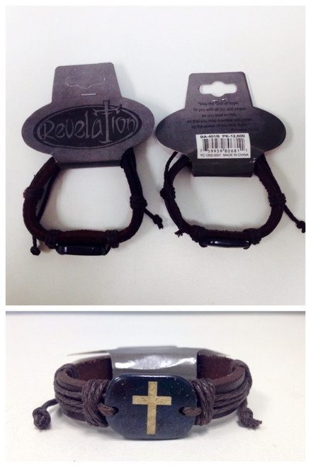 BA-401B - Leather Cross Bracelet w/ Roman's Verse - Brown Rope (12pcs)