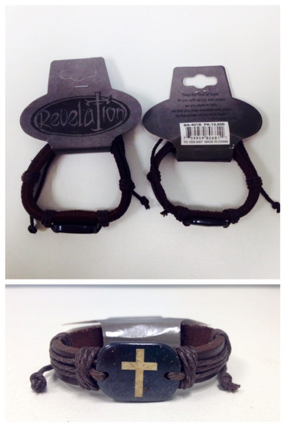 BA-401B - Leather Cross Bracelet w/ Roman's Verse - Brown Rope (12pcs)