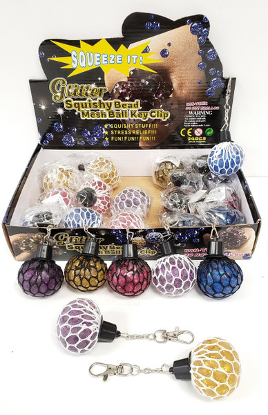 NV-1880CLGKC - Glitter Squishy Bead Mesh Ball Key Clip (24pc)