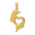 14K Yellow Gold Diamond-cut Satin & Polished Dolphins Heart Pendant - (A87-218)