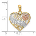 14K Tri-Color Gold Love Banner On Filigree Heart Charm Pendant - (A94-222)