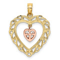 14K Two-Tone Gold Diamond-cut With Dangling Mini Heart In Center Heart Charm Pendant - (A93-987)