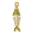 14K Yellow Gold Green Enamel Fish Bone Charm Pendant - (A91-555)