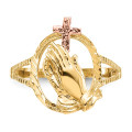 14K Two-tone Gold Diamond-cut Praying Hands Cross Ring - Size 6 - (B31-855)