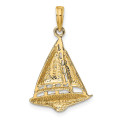 14K Yellow Gold 2-D Sailboat Charm Pendant - (A92-864)