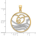 14k Yellow Gold and White Rhodium Sun, Hearts with Water In Round Frame Charm Pendant - (A94-242)