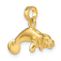 14K Yellow Gold 3-D Polished Swimming Manatee Charm Pendant - (A92-422)