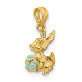 14K Yellow Gold 3-D Aqua Enameled Easter Bunny With Egg Charm Pendant - (A91-193)