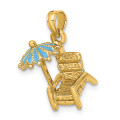 14K Yellow Gold 3-D Beach Chair With Aqua Enameled Umbrella Charm Pendant - (A91-267)