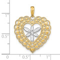 14K Yellow Gold with White Rhodium Flower with Beaded Heart Charm Pendant - (A94-438)