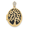 14k Yellow Gold Polished & Textured Diamond Black Fabric Oval Tree Locket - (A99-291)
