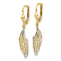 14K Yellow Gold and Rhodium Polished and Textured Leaf Leverback Earrings - (B42-325)