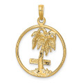 14K Yellow Gold 2-D Marco Island Palm Tree In Round Frame Charm Pendant - (A92-689)