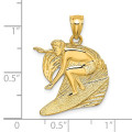 14K Yellow Gold Polished and Graved Surfer & Wave Charm Pendant - (A93-498)