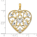 14K Yellow Gold with White Rhodium Filigree Leaf Accent Heart Charm Pendant - (A93-774)