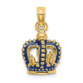 14K Yellow Gold 3-D Blue Enamel Crown Charm Pendant - (A91-105)