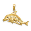 14K Yellow Gold 2-D Two Swimming Dolphins Charm Pendant - (A91-427)