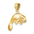 14K Yellow Gold 3-D Polished Swimming Manatee Charm Pendant - (A92-888)