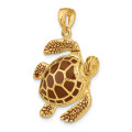 14K Yellow Gold 3-D Brown Enamel Large Sea Turtle Charm Pendant - (A91-292)